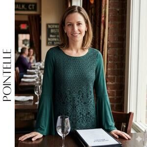 Pointelle Green Lace Overlay Bell Sleeve Blouse L